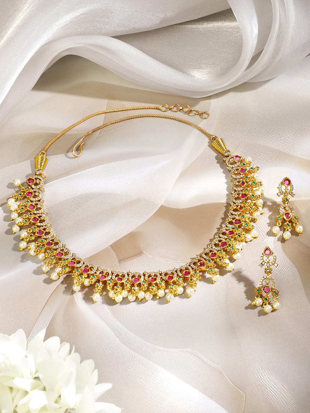Rubans 22K Gold-Plated Ruby Red & Emerald Green Stone Studded Pearl Beaded Traditional Necklace Set