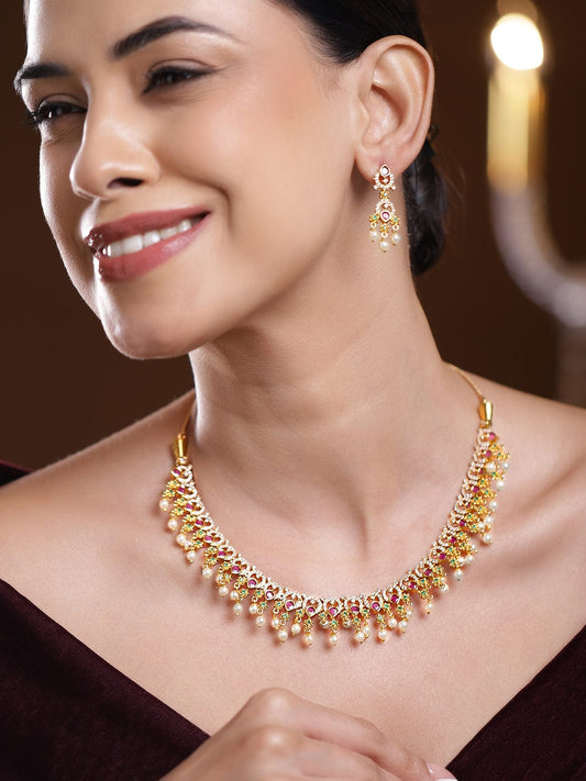 Rubans 22K Gold-Plated Ruby Red & Emerald Green Stone Studded Pearl Beaded Traditional Necklace Set