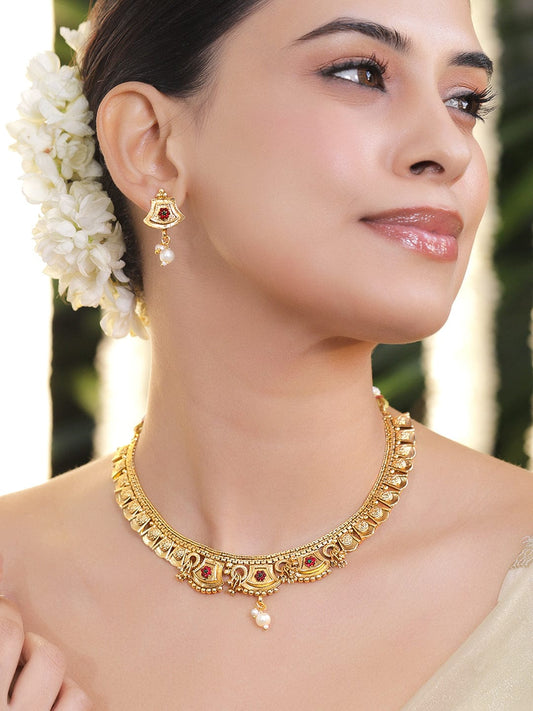 Rubans 22K Gold-Plated Ruby Red Enamel Pearl Beaded Brass Temple Necklace Set