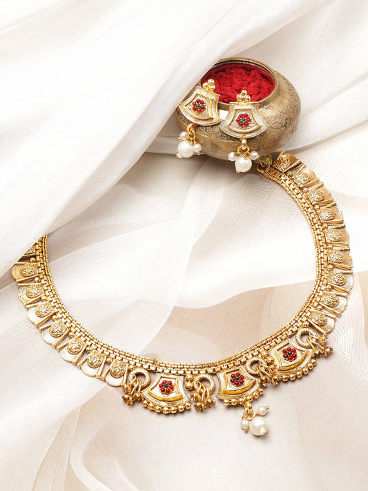 Rubans 22K Gold-Plated Ruby Red Enamel Pearl Beaded Brass Temple Necklace Set