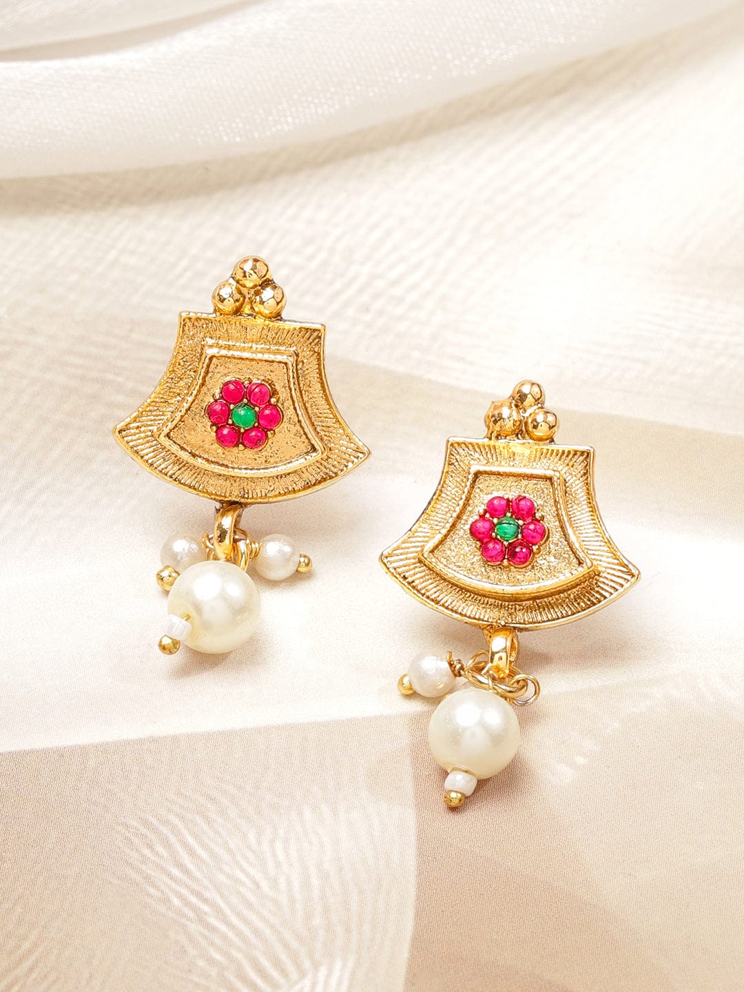 Rubans 22K Gold-Plated Ruby Red Enamel Pearl Beaded Brass Temple Necklace Set