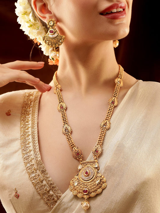 Rubans 22K Gold-Plated Ruby Red Stone Studded Traditional Temple Long Necklace Set for Women