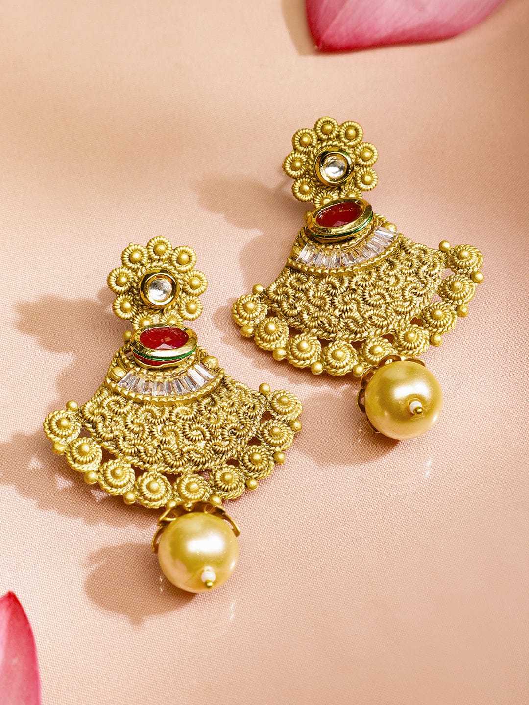 Rubans 22K Gold-Plated Ruby Red Stone Studded Traditional Temple Long Necklace Set for Women