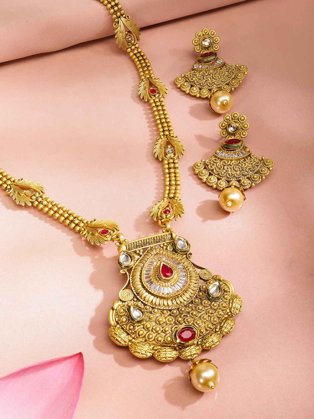 Rubans 22K Gold-Plated Ruby Red Stone Studded Traditional Temple Long Necklace Set for Women