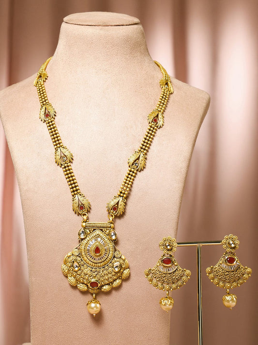 Rubans 22K Gold-Plated Ruby Red Stone Studded Traditional Temple Long Necklace Set for Women