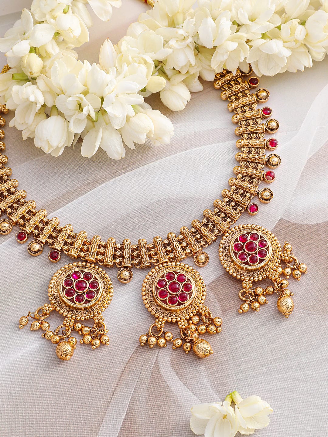 Rubans 22K Gold-Plated Ruby Stone & Golden Beads Handcrafted Necklace Set with Floral Medallions