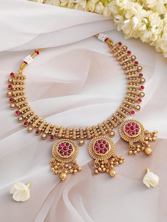 Rubans 22K Gold-Plated Ruby Stone & Golden Beads Handcrafted Necklace Set with Floral Medallions