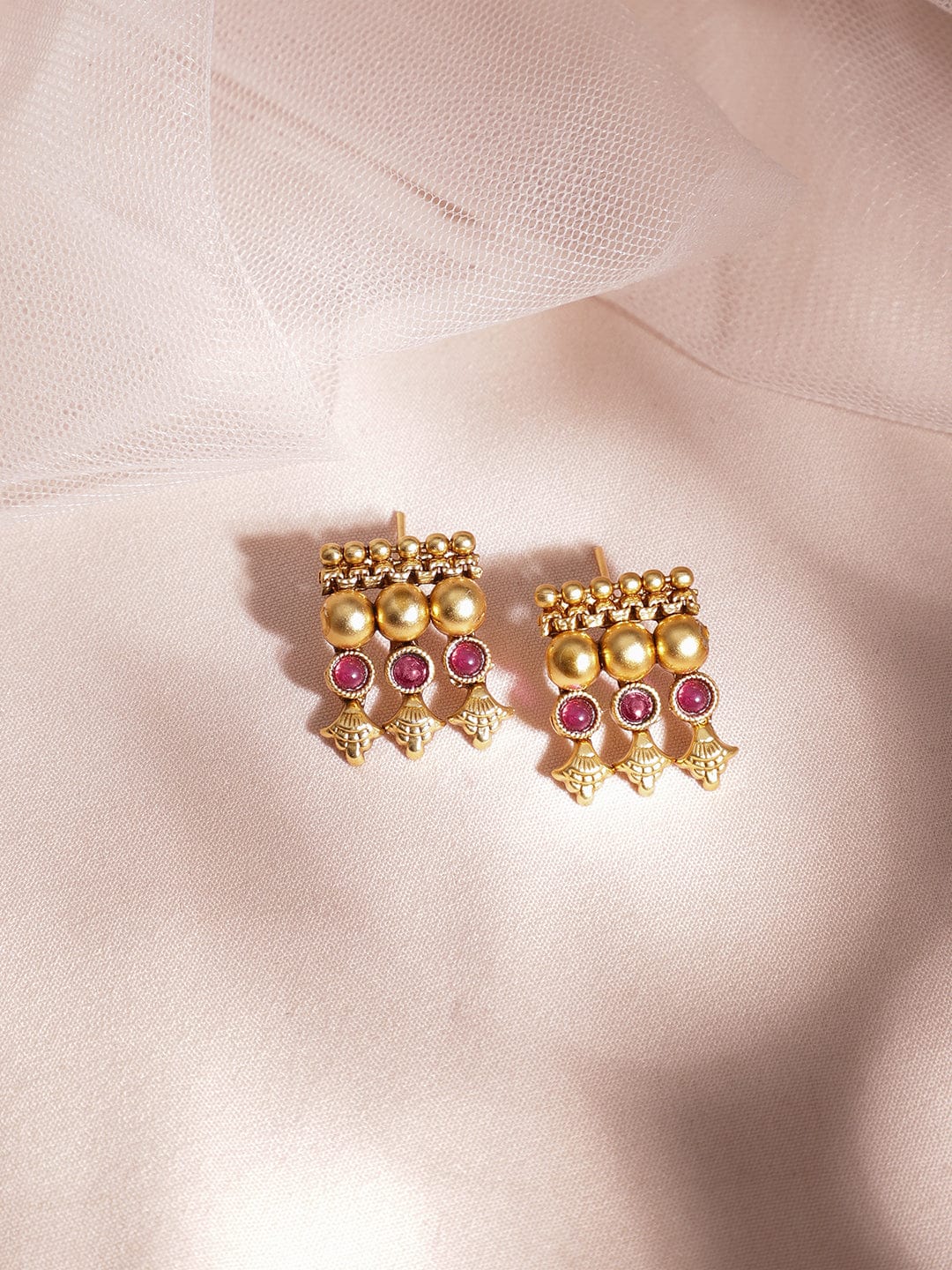 Rubans 22K Gold-Plated Ruby Pink Studded Golden Beaded Traditional Necklace Set