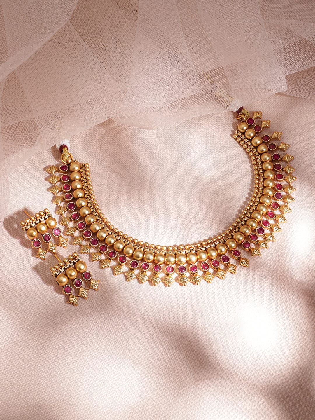Rubans 22K Gold-Plated Ruby Pink Studded Golden Beaded Traditional Necklace Set