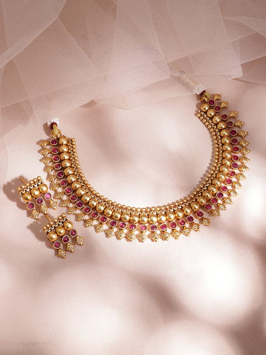 Rubans 22K Gold-Plated Ruby Pink Studded Golden Beaded Traditional Necklace Set