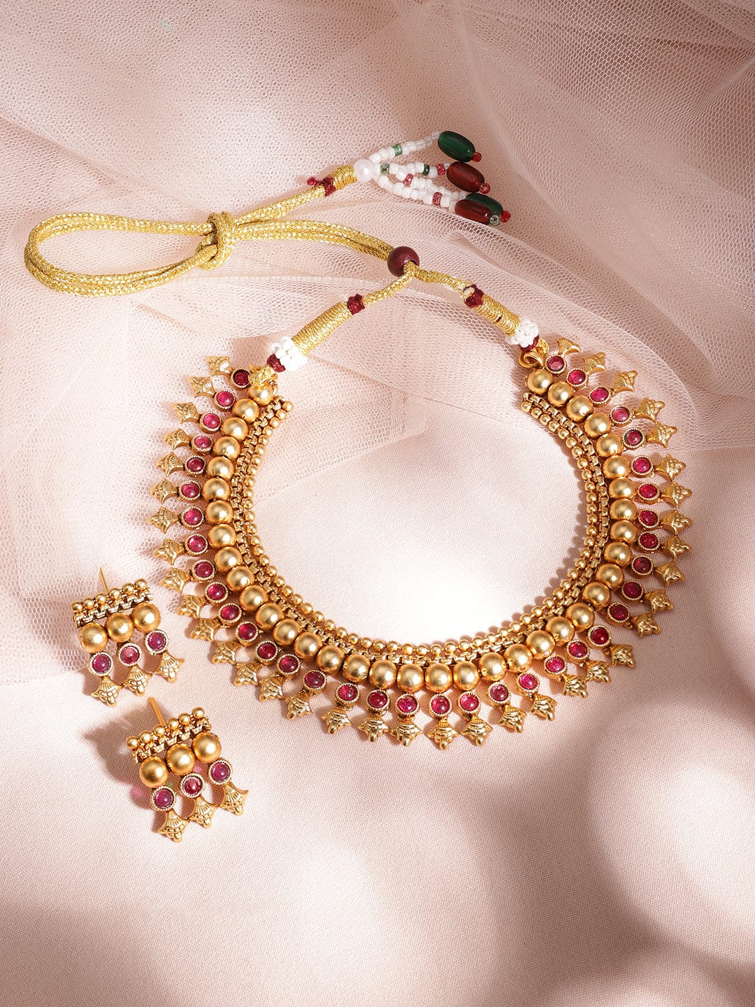 Rubans 22K Gold-Plated Ruby Pink Studded Golden Beaded Traditional Necklace Set