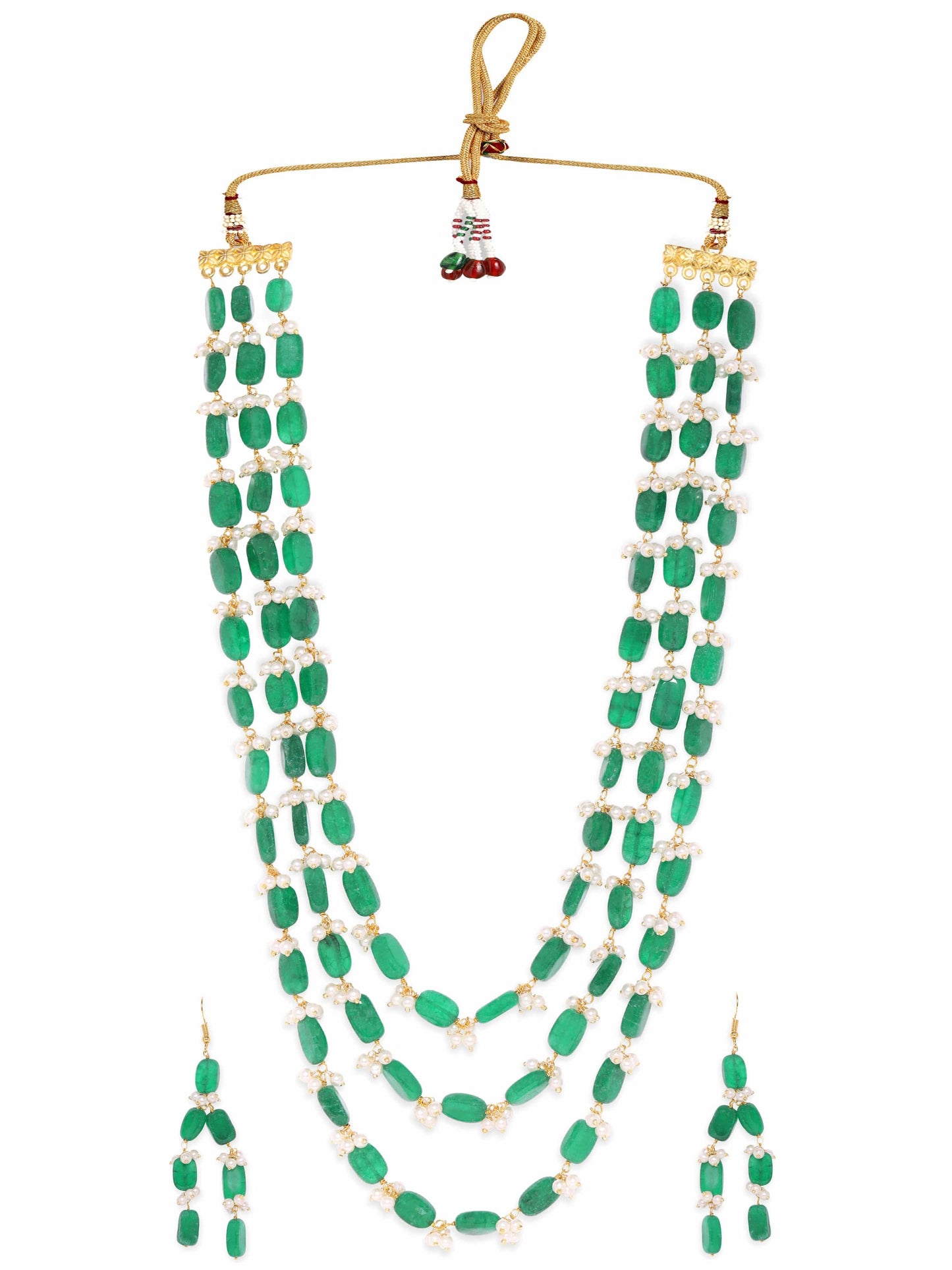 Rubans 22K Gold Plated Semi Precious Green Aventurine Gem Beaded Zirconia studded Tri Layer Statement Necklace Set