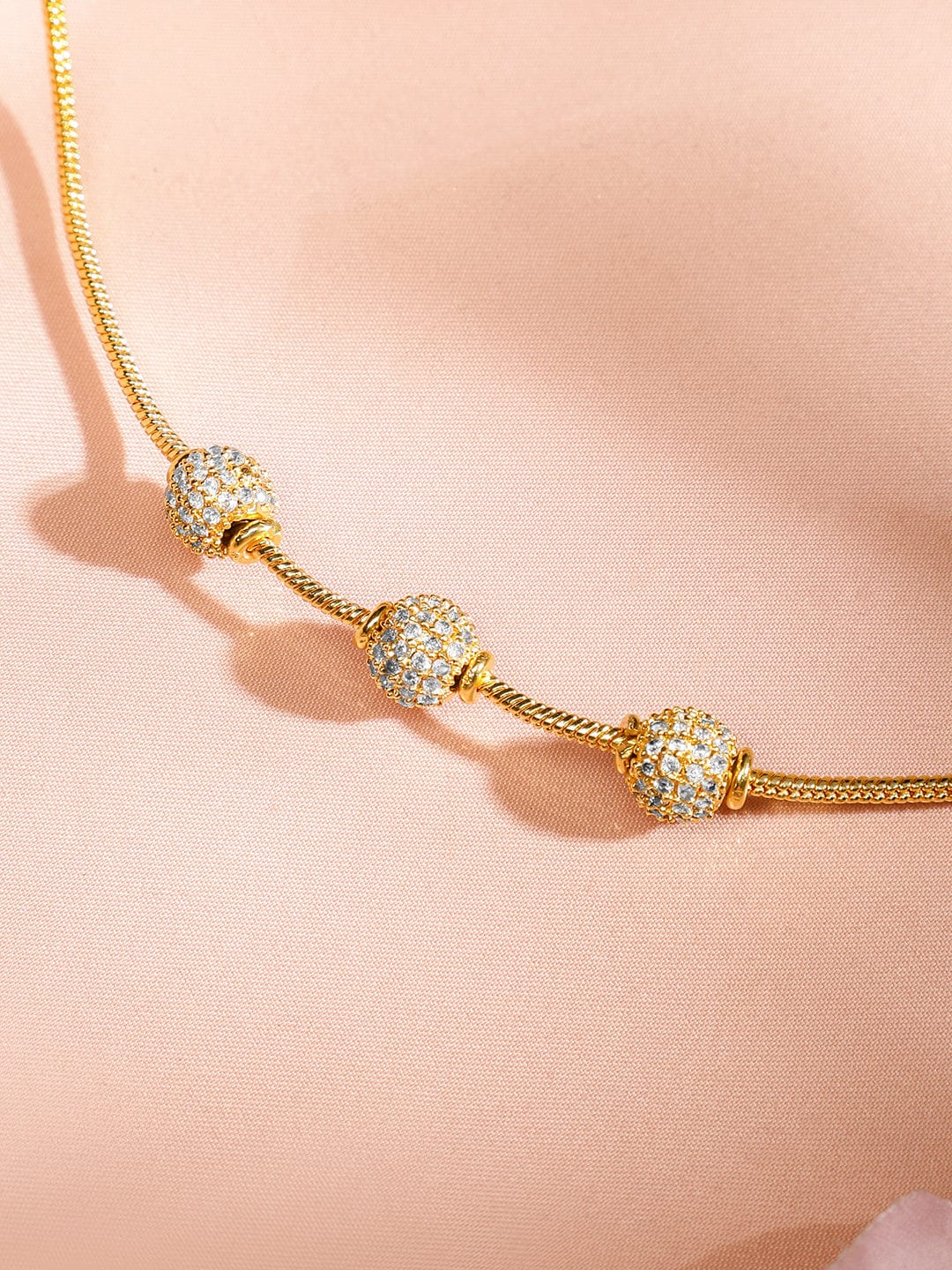 Rubans 22K Gold-Plated Sleek Chain Necklace with Cubic Zirconia Encrusted Beaded Accents