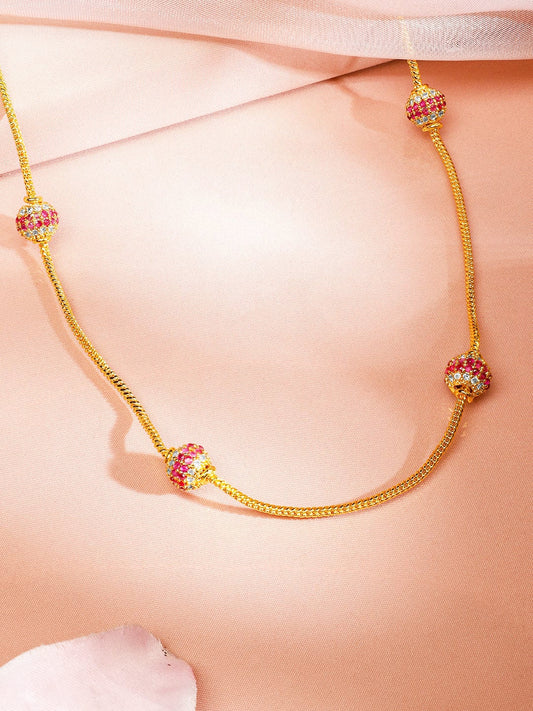 Rubans 22K Gold-Plated Sleek Chain Necklace with Ruby Pink & Cubic Zirconia Encrusted Bead