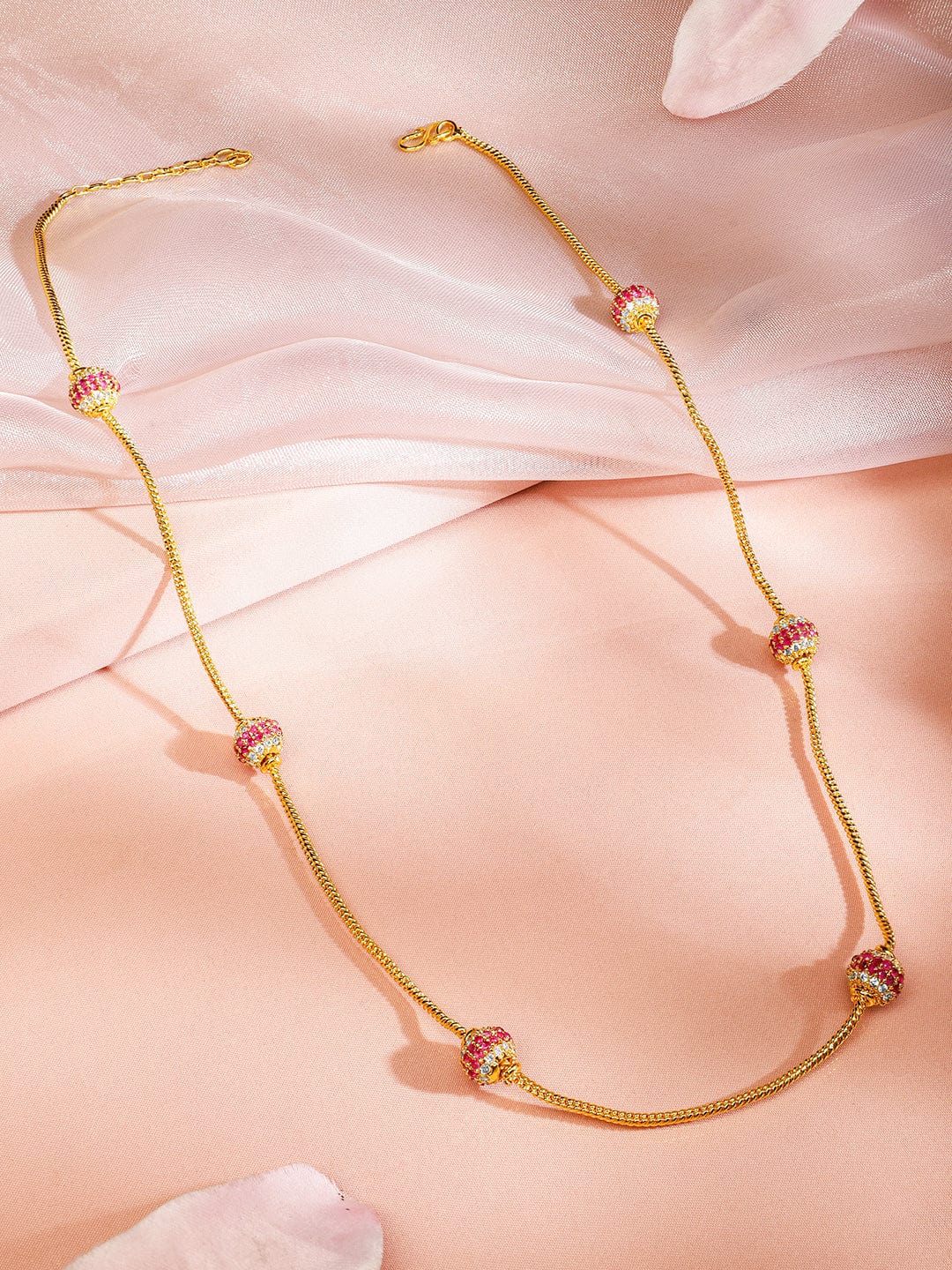 Rubans 22K Gold-Plated Sleek Chain Necklace with Ruby Pink & Cubic Zirconia Encrusted Bead