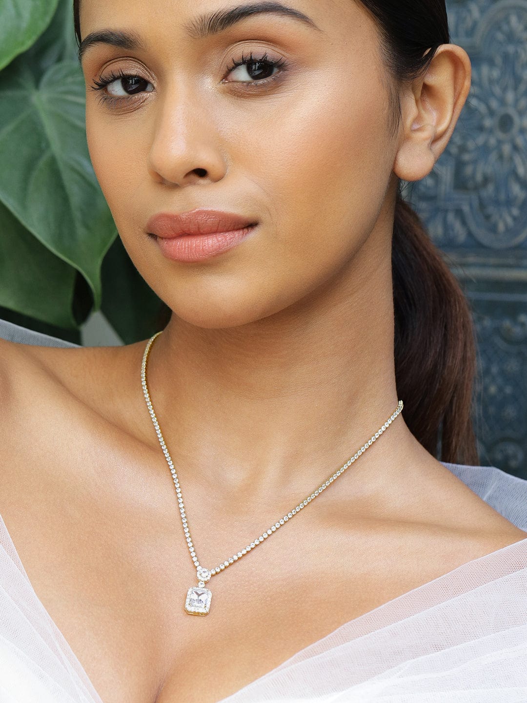 Rubans 22K Gold-Plated Sparkling Cubic Zirconia Studded Pendant Necklace