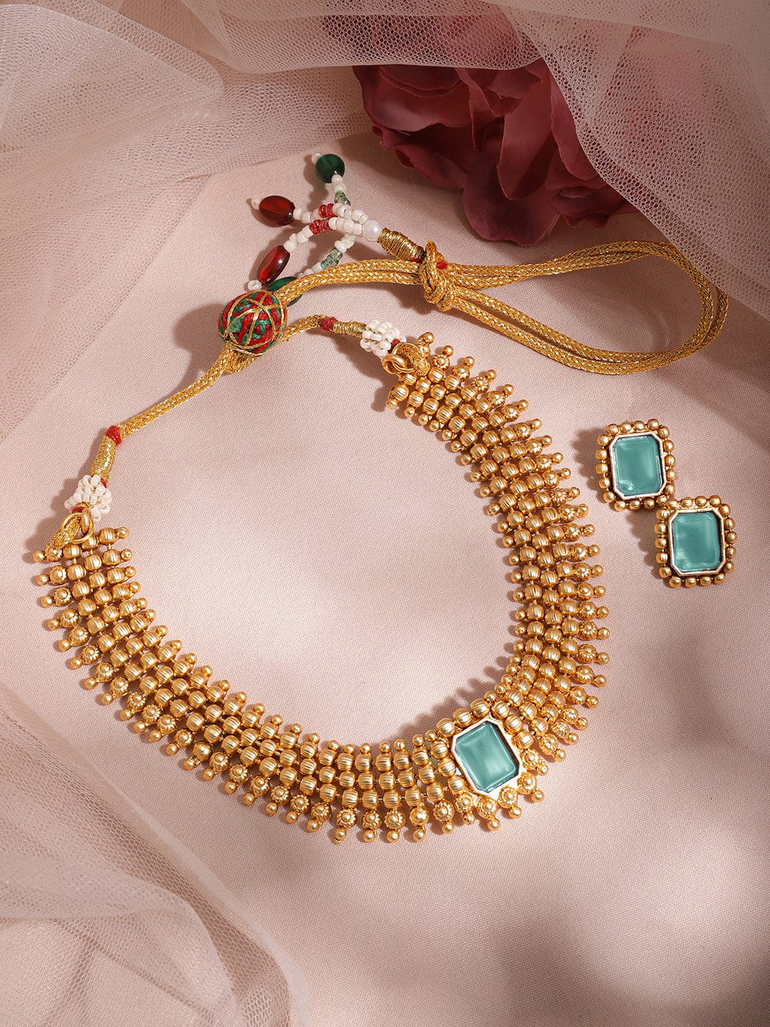 Rubans 22K Gold-Plated Turquoise Blue Stone Choker Necklace Set with Gold Beads