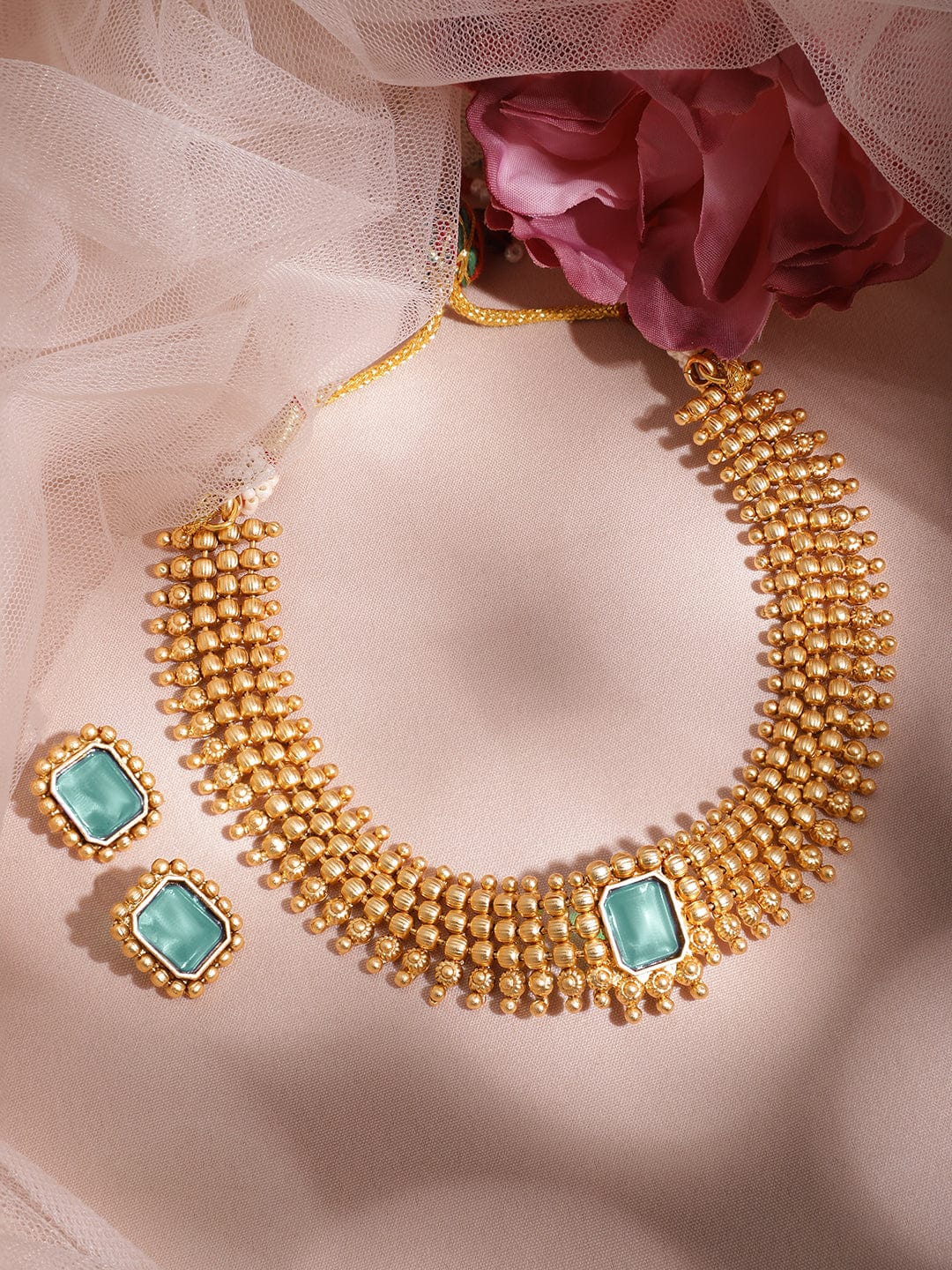 Rubans 22K Gold-Plated Turquoise Blue Stone Choker Necklace Set with Gold Beads