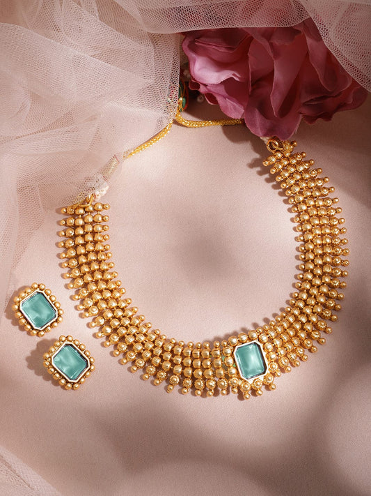 Rubans 22K Gold-Plated Turquoise Blue Stone Choker Necklace Set with Gold Beads