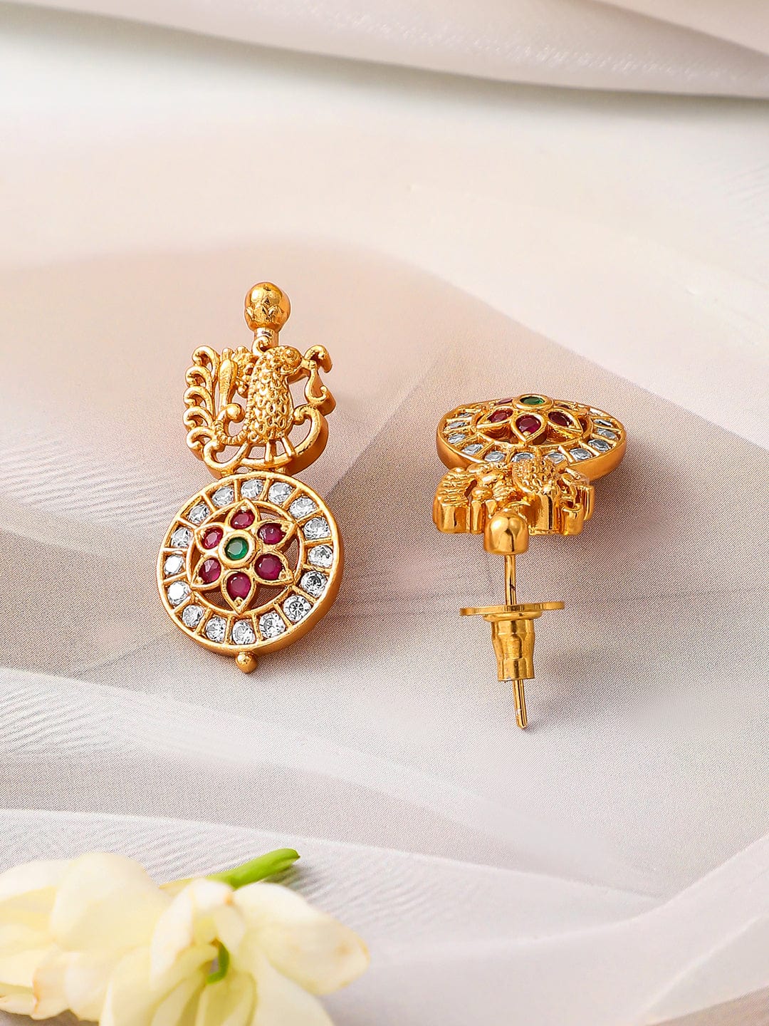 Rubans 22K Gold-Plated Traditional Temple Necklace Set with Ruby, Emerald & Zirconia Accents