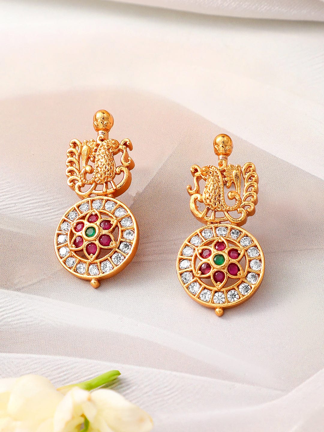 Rubans 22K Gold-Plated Traditional Temple Necklace Set with Ruby, Emerald & Zirconia Accents