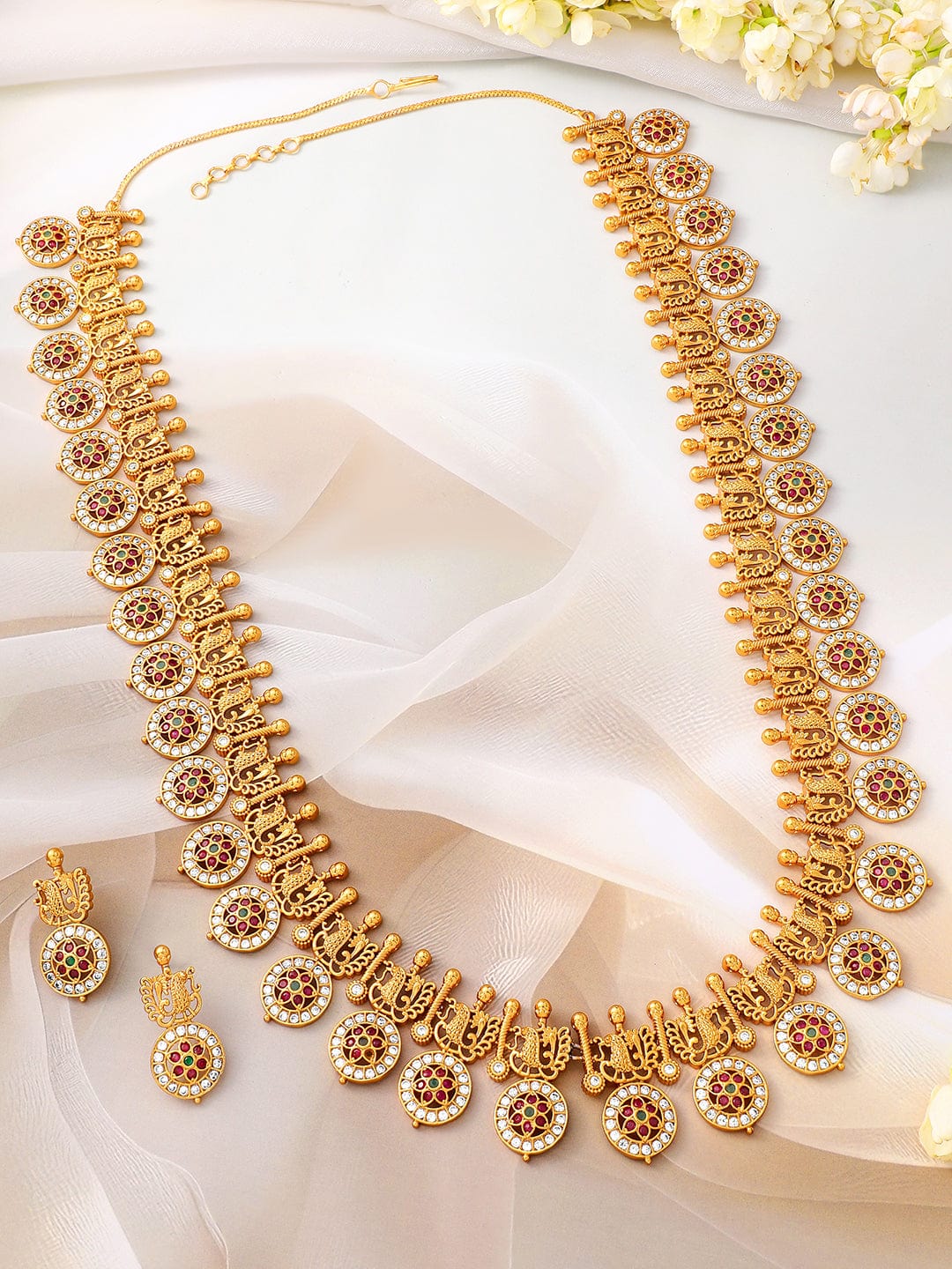 Rubans 22K Gold-Plated Traditional Temple Necklace Set with Ruby, Emerald & Zirconia Accents