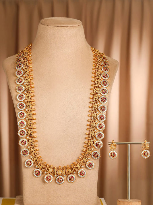 Rubans 22K Gold-Plated Traditional Temple Necklace Set with Ruby, Emerald & Zirconia Accents