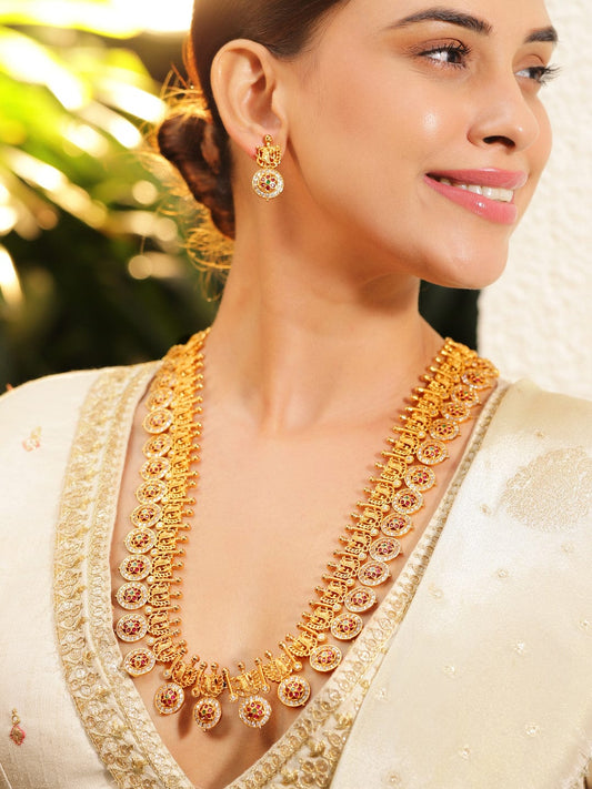 Rubans 22K Gold-Plated Traditional Temple Necklace Set with Ruby, Emerald & Zirconia Accents