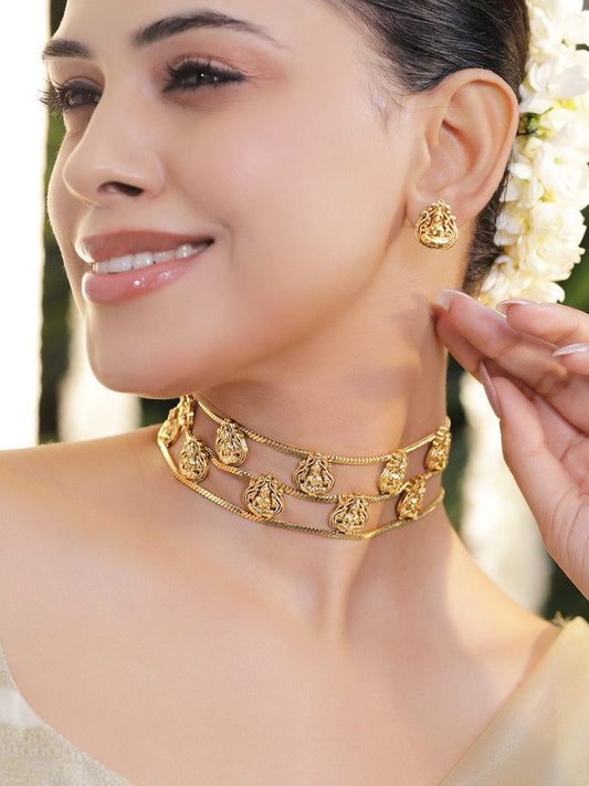 Rubans 22K Gold-Plated Triple Temple-Style Rows Divine Lakshmi Motifs Choker Necklace Set (Copy)