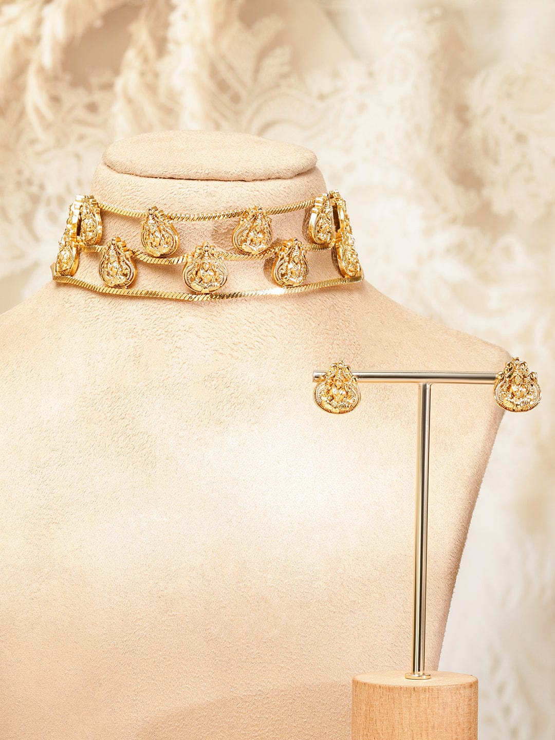 Rubans 22K Gold-Plated Triple Temple-Style Rows Divine Lakshmi Motifs Choker Necklace Set