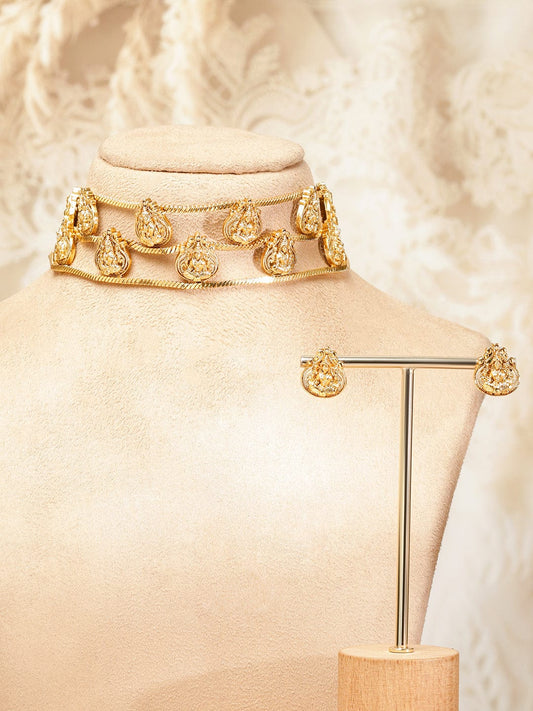 Rubans 22K Gold-Plated Triple Temple-Style Rows Divine Lakshmi Motifs Choker Necklace Set (Copy)