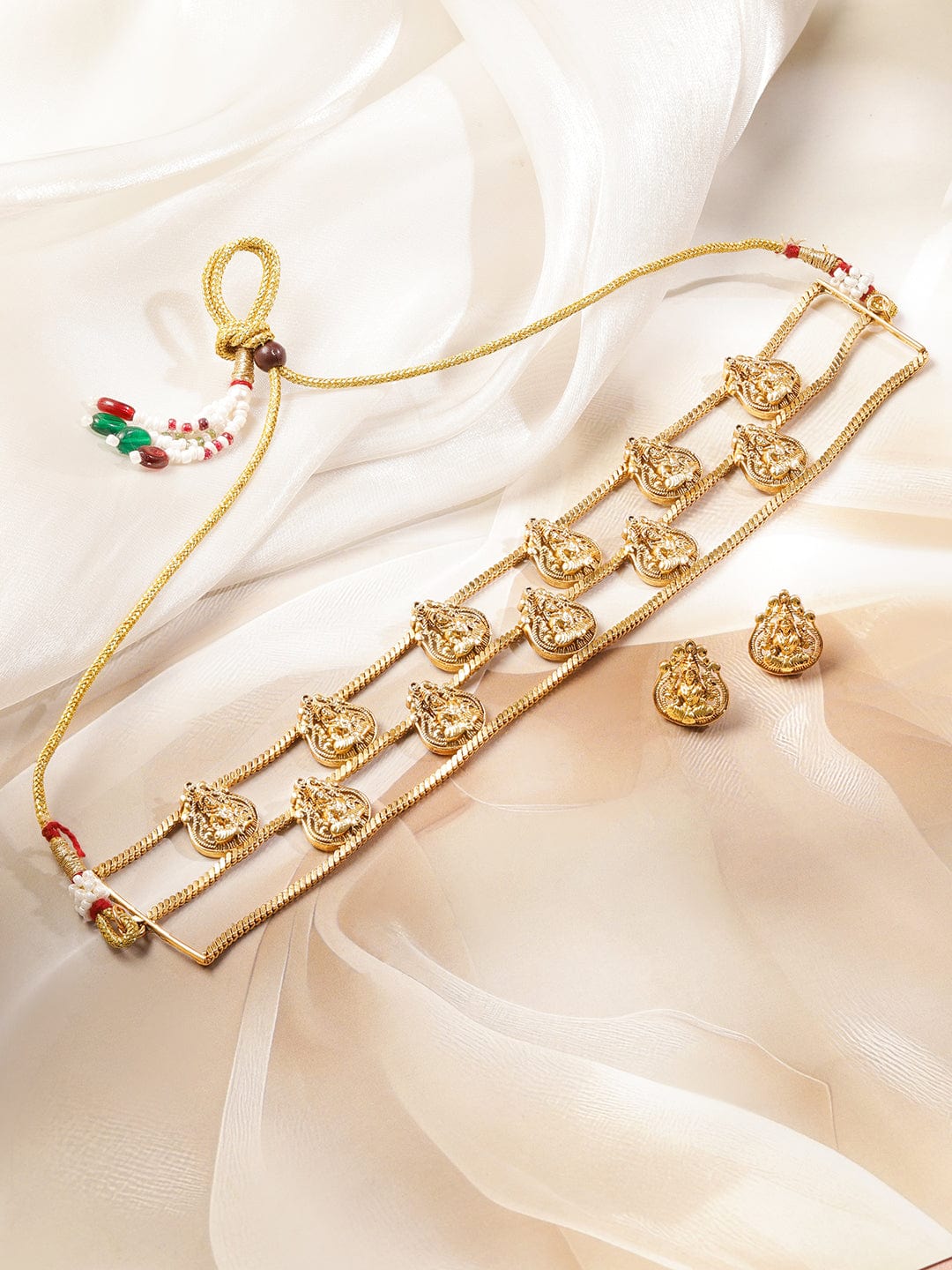 Rubans 22K Gold-Plated Triple Temple-Style Rows Divine Lakshmi Motifs Choker Necklace Set (Copy)