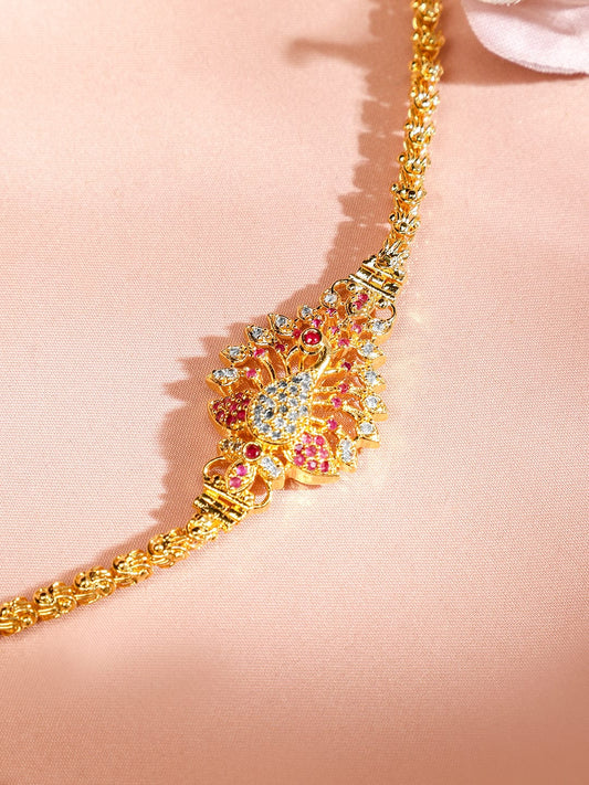 Rubans 22K Gold-Plated Twisted Rope Chain Necklace with Peacock Motif & Ruby Pink Stones