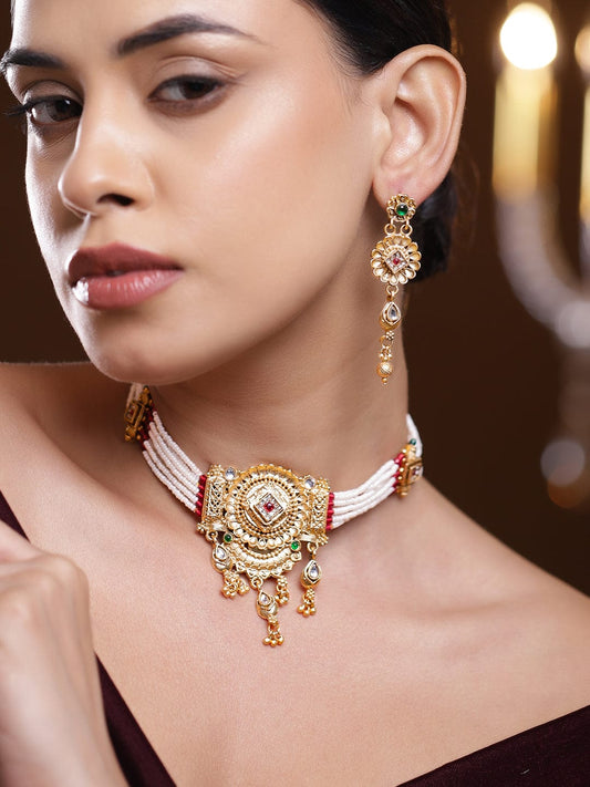 Rubans 22K Gold-Plated White Beaded Floral Choker Necklace Set with Ruby Pink & Emerald Green Stones