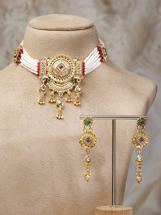 Rubans 22K Gold-Plated White Beaded Floral Choker Necklace Set with Ruby Pink & Emerald Green Stones