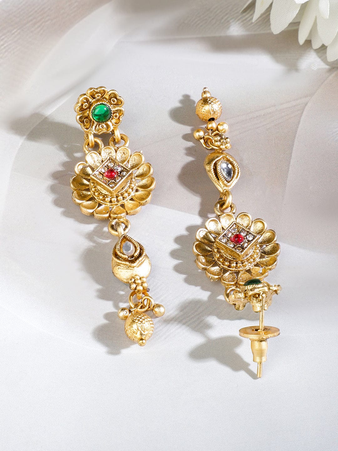 Rubans 22K Gold-Plated White Beaded Floral Choker Necklace Set with Ruby Pink & Emerald Green Stones