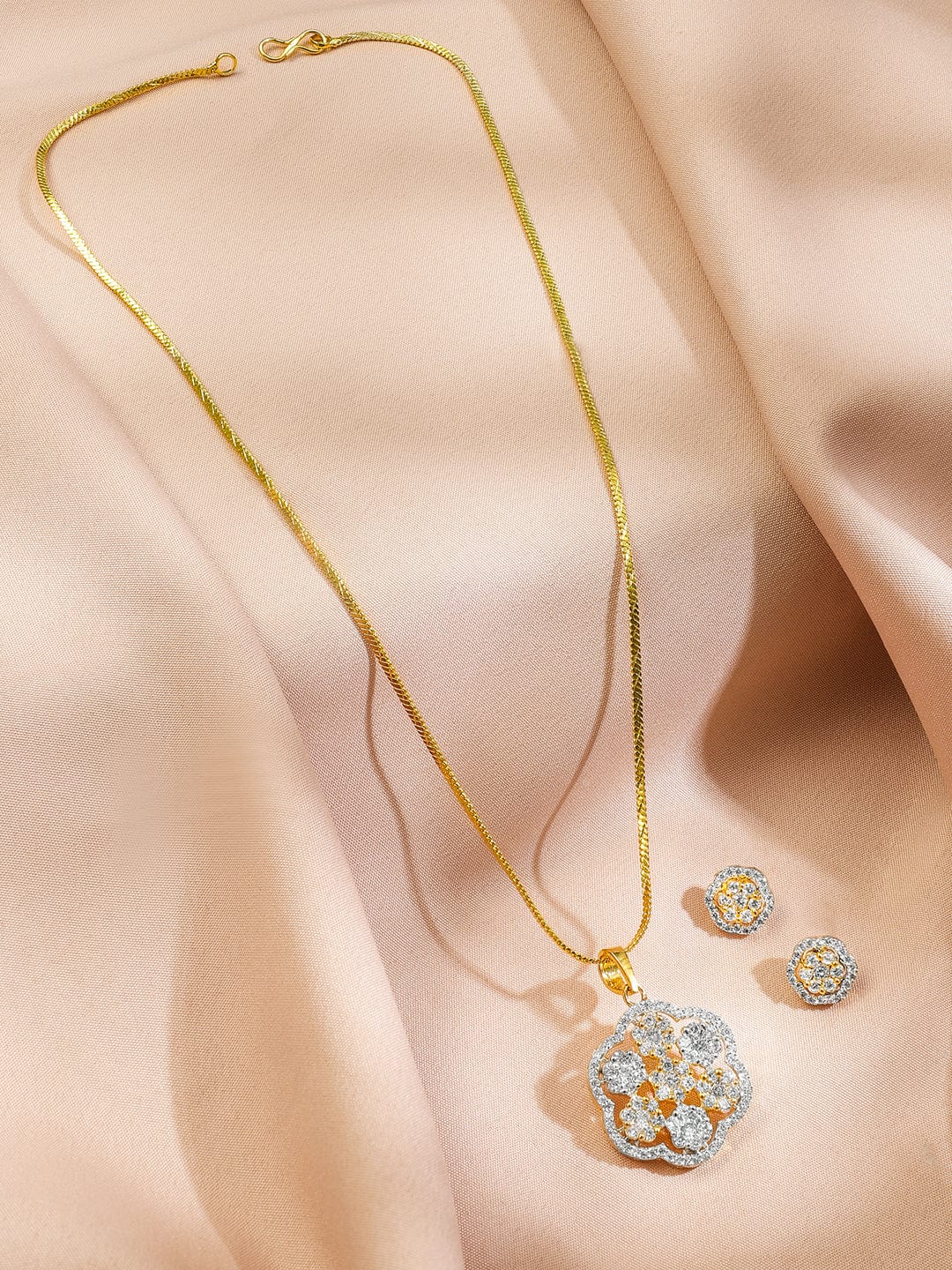 Rubans 22K Gold-Plated White Cubic Zirconia Floral Pendant Necklace Set