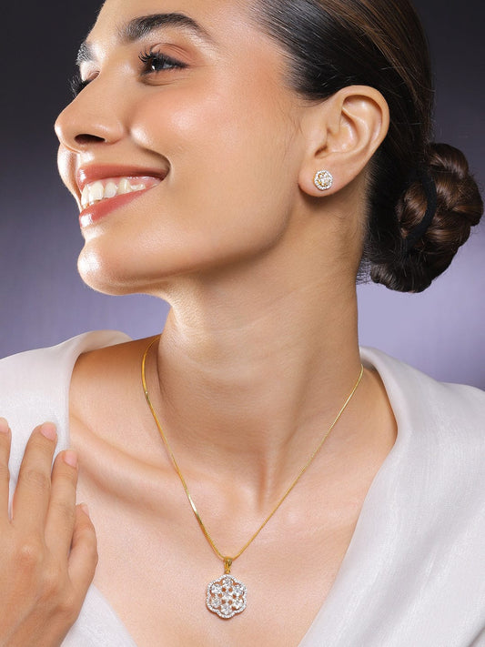 Rubans 22K Gold-Plated White Cubic Zirconia Floral Pendant Necklace Set