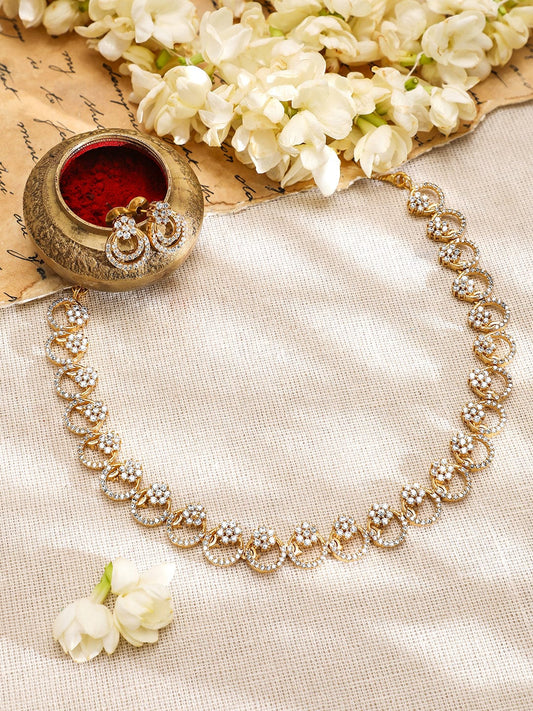 Rubans 22K Gold-Plated White Cubic Zirconia Studded Elegant Necklace Set with Earrings