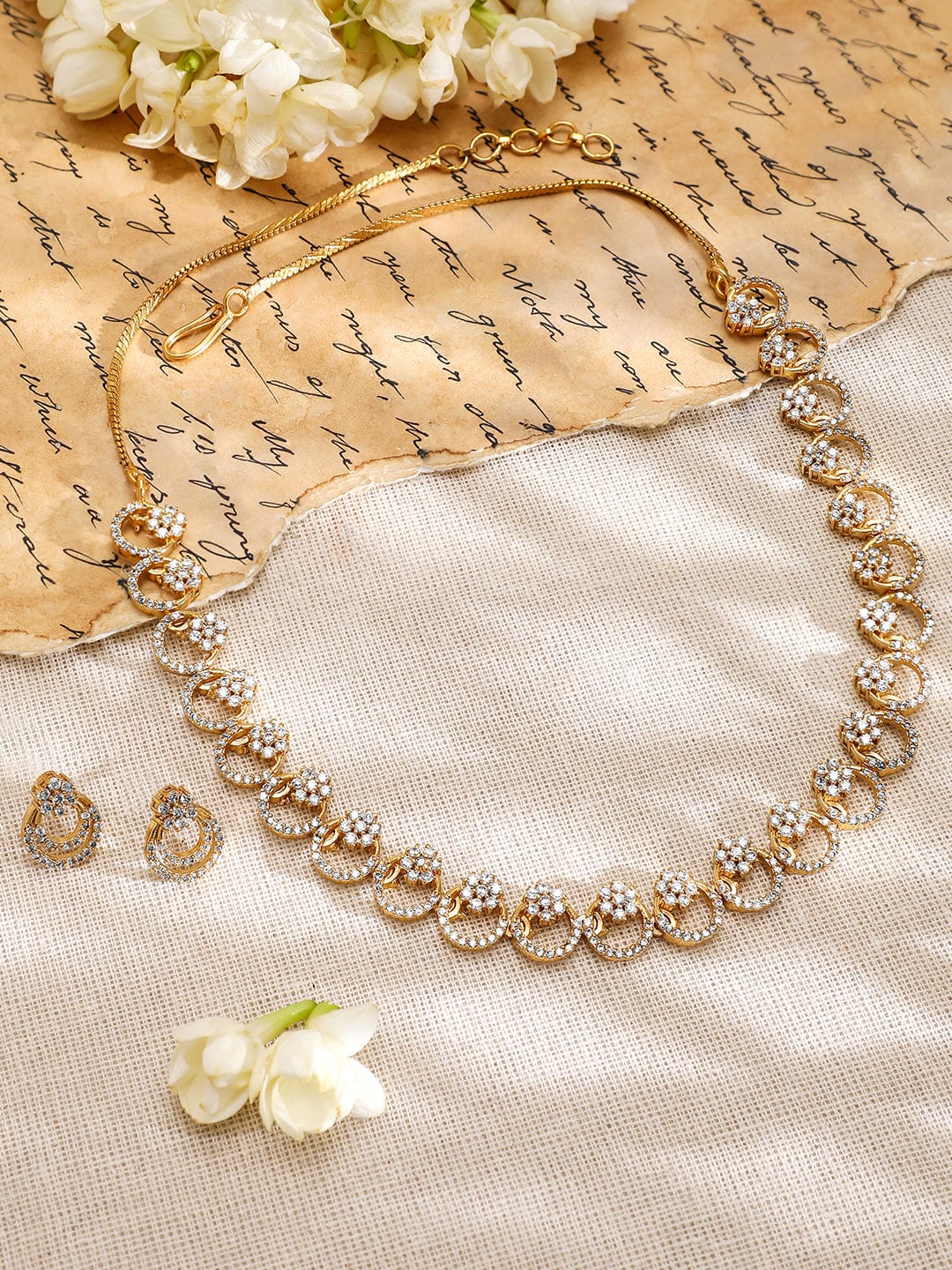 Rubans 22K Gold-Plated White Cubic Zirconia Studded Elegant Necklace Set with Earrings