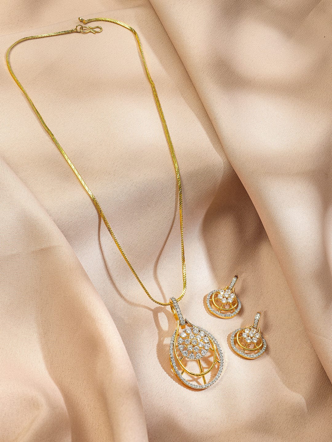 Rubans 22K Gold-Plated White Cubic Zirconia Studded Teardrop Floral Pendant Necklace Set