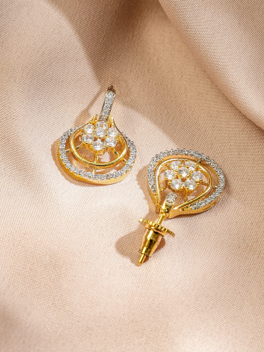 Rubans 22K Gold-Plated White Cubic Zirconia Studded Teardrop Floral Pendant Necklace Set