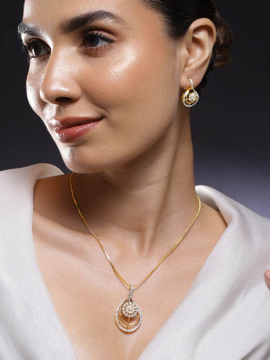 Rubans 22K Gold-Plated White Cubic Zirconia Studded Teardrop Floral Pendant Necklace Set