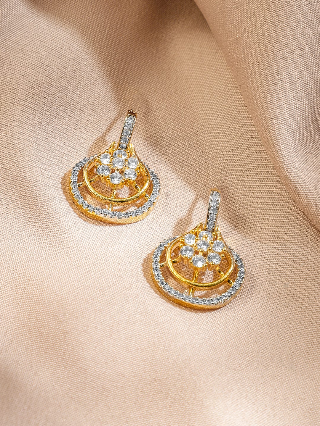 Rubans 22K Gold-Plated White Cubic Zirconia Studded Teardrop Floral Pendant Necklace Set
