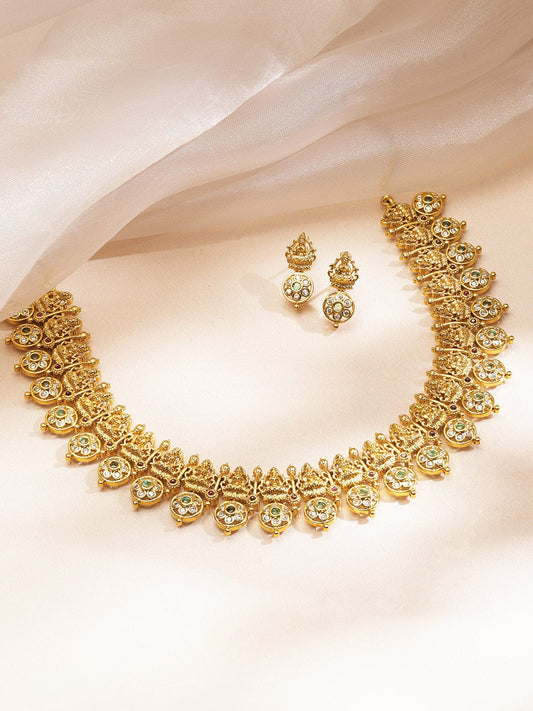Rubans 22K Gold-Plated White & Green Kundan Studded Brass Temple Floral Necklace Set