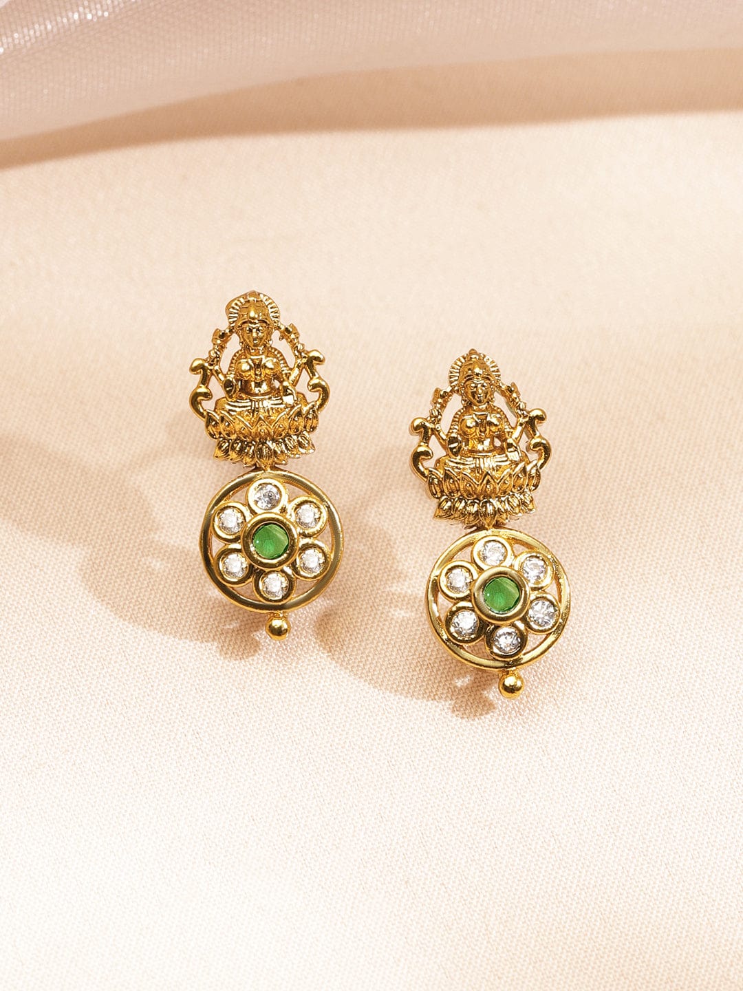 Rubans 22K Gold-Plated White & Green Kundan Studded Brass Temple Floral Necklace Set