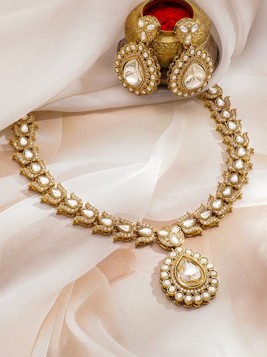 Rubans 22K Gold-Plated White Kundan & Cubic Zirconia Stone Studded Necklace Set