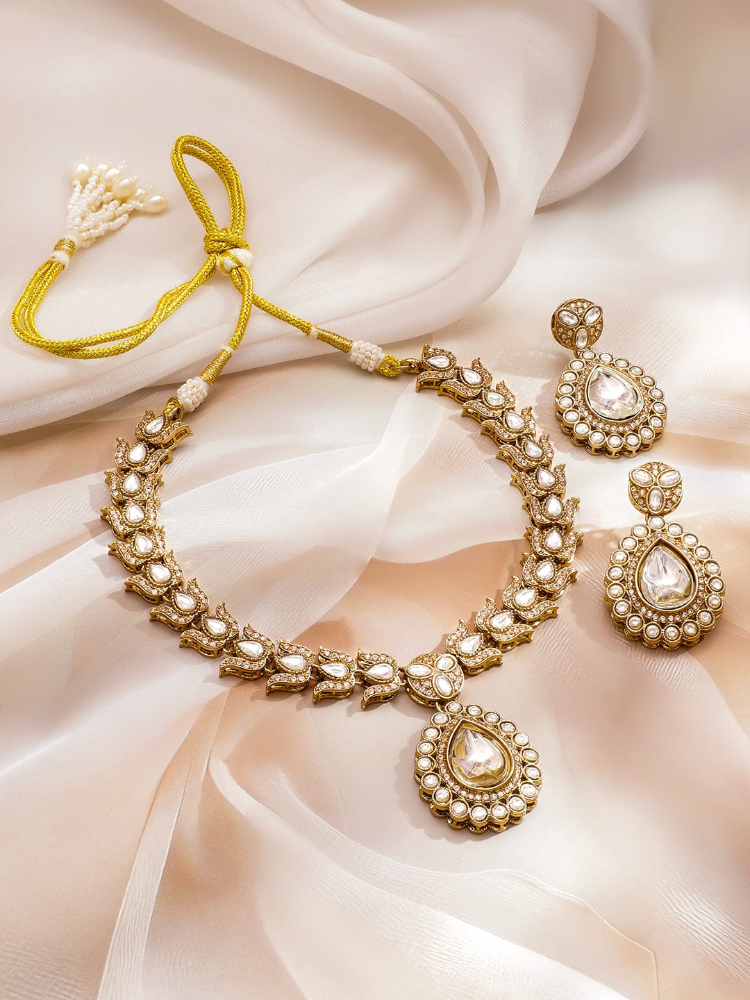 Rubans 22K Gold-Plated White Kundan & Cubic Zirconia Stone Studded Necklace Set