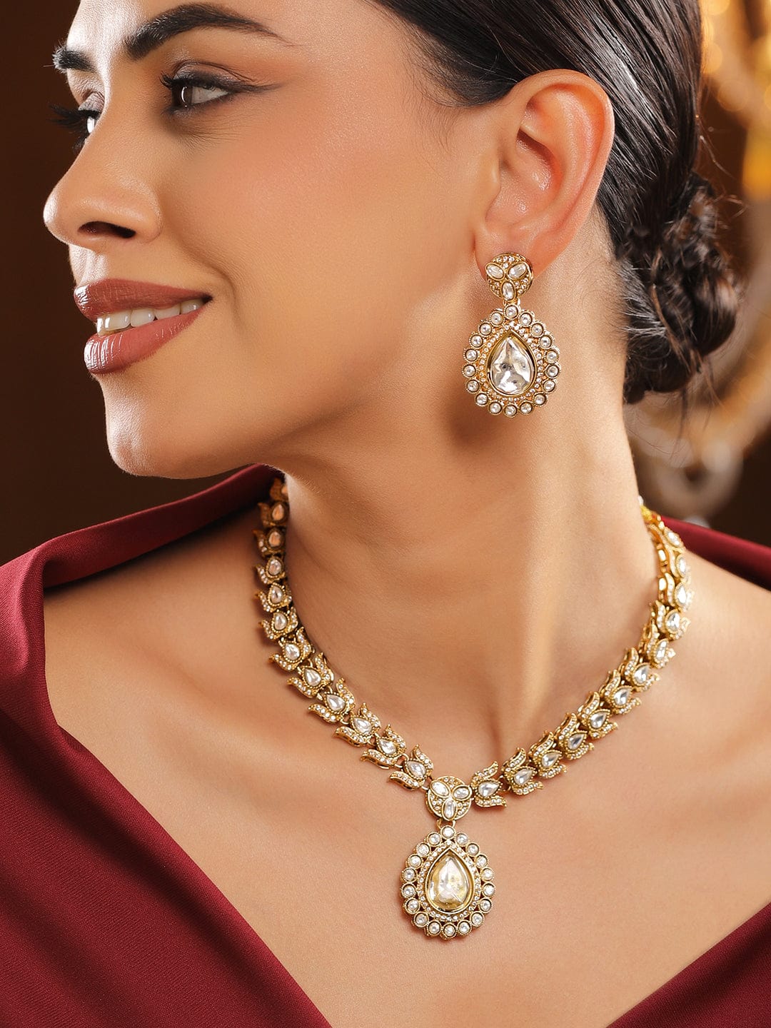 Rubans 22K Gold-Plated White Kundan & Cubic Zirconia Stone Studded Necklace Set