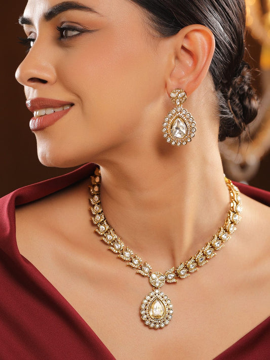 Rubans 22K Gold-Plated White Kundan & Cubic Zirconia Stone Studded Necklace Set